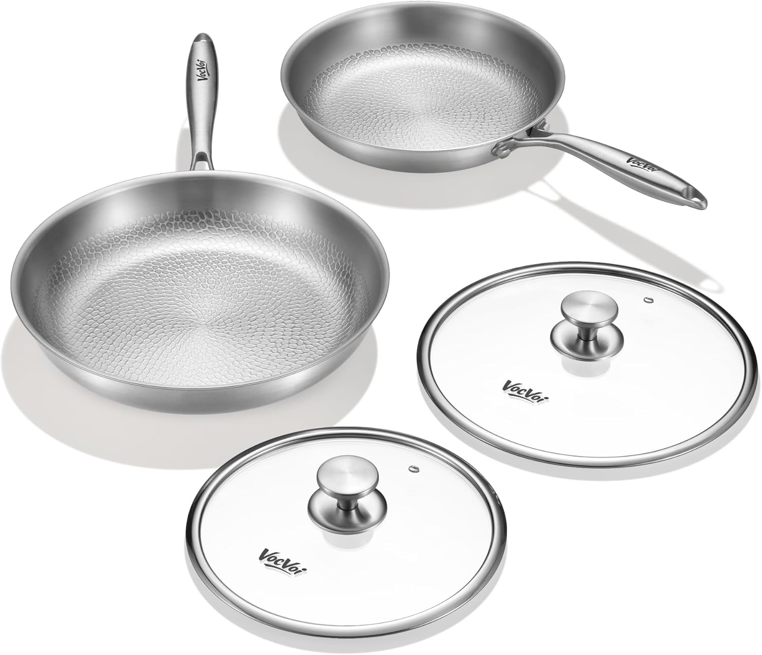 Titanium pans for cooking Non Stick with lid,10″+12″ Uncoated Hammered titanium