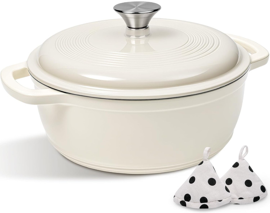 Olla hierro fundido esmaltada 5QT con tapa para hornear pan crema blanca, Nuevo