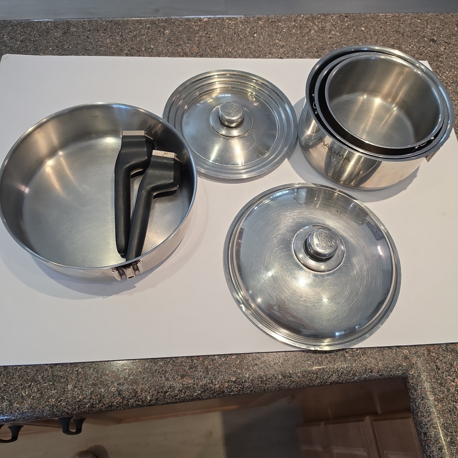 Magma 8 Piece Nesting Stainless Steel Cookware Set Skillet Pots Handles Lids EUC