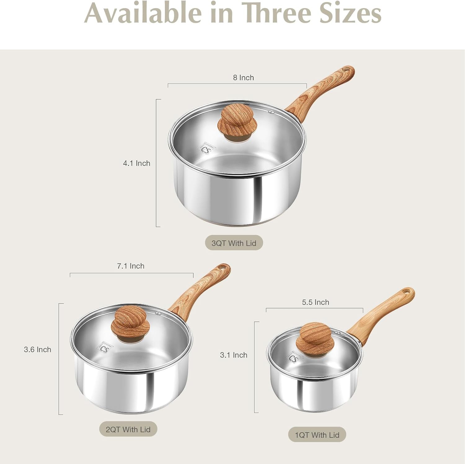 Stainless Steel Pots, 6 Piece Sauce Pan Set with Lids, 1QT, 2QT, 3QT Stainless