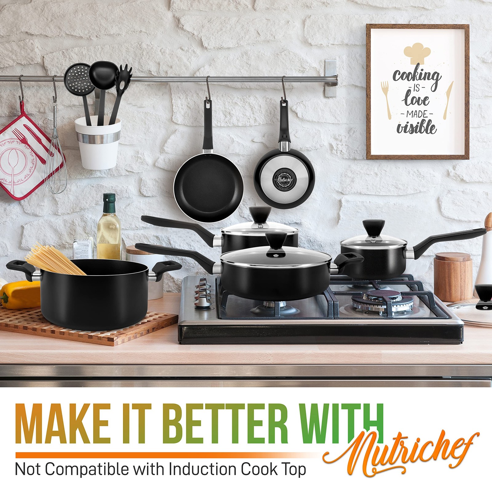 Nutrichefkitchen 13-Piece Nonstick Kitchen Cookware Set -Ptfe/Pfoa/Pfos Heat