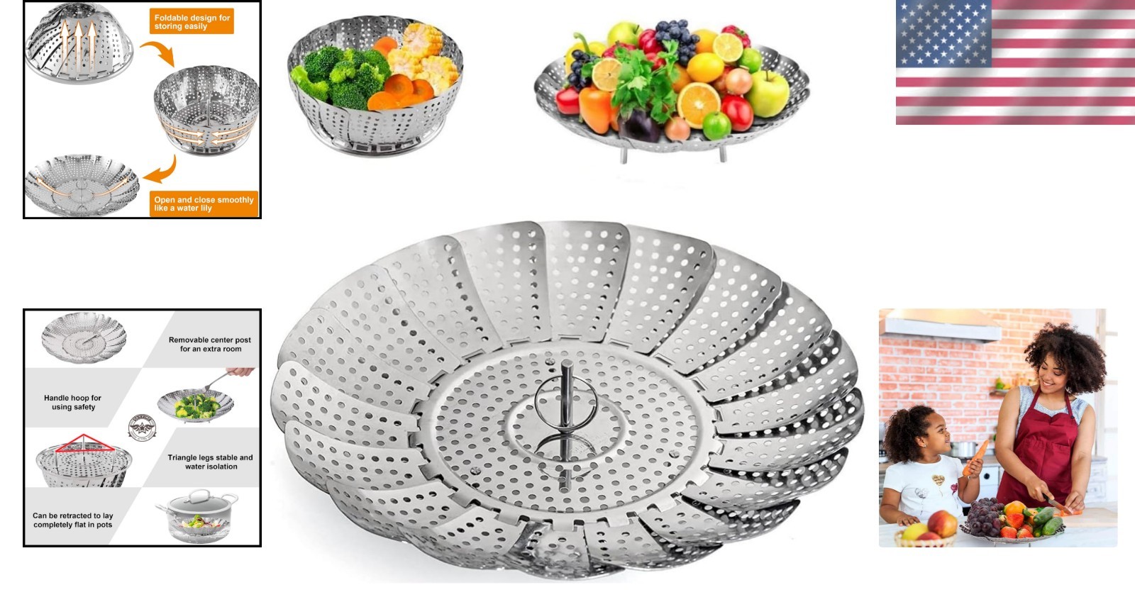 Stainless Steel Vegetable Steamer Basket Expandable To Fit Various Pots 5.5 9.3