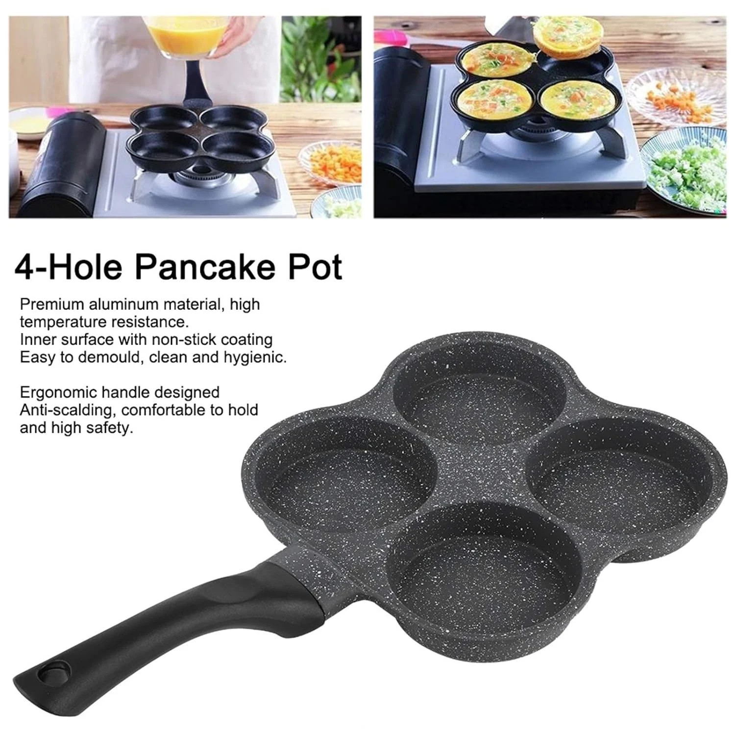 4 Hole Cup Egg Hamburger Pancake Maker Non-Stick Frying Pan with Wooden Handle