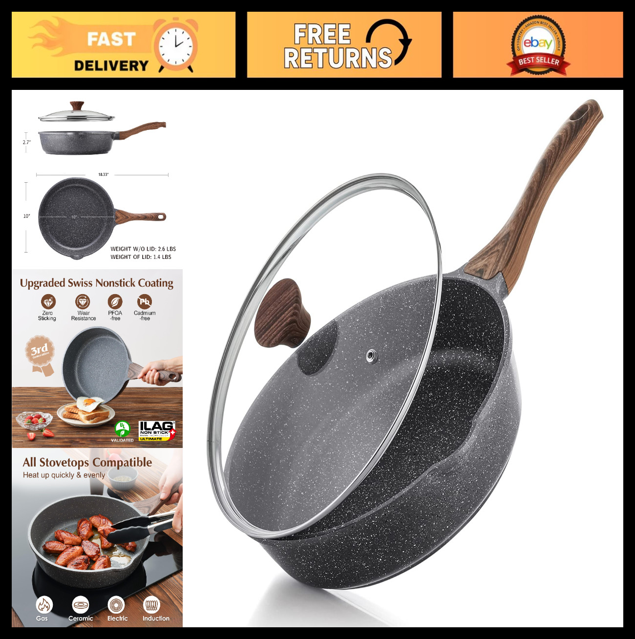Nonstick Deep Frying Pan Set 10/11/12 inch, Saute Pan with Lid, Induction Compat