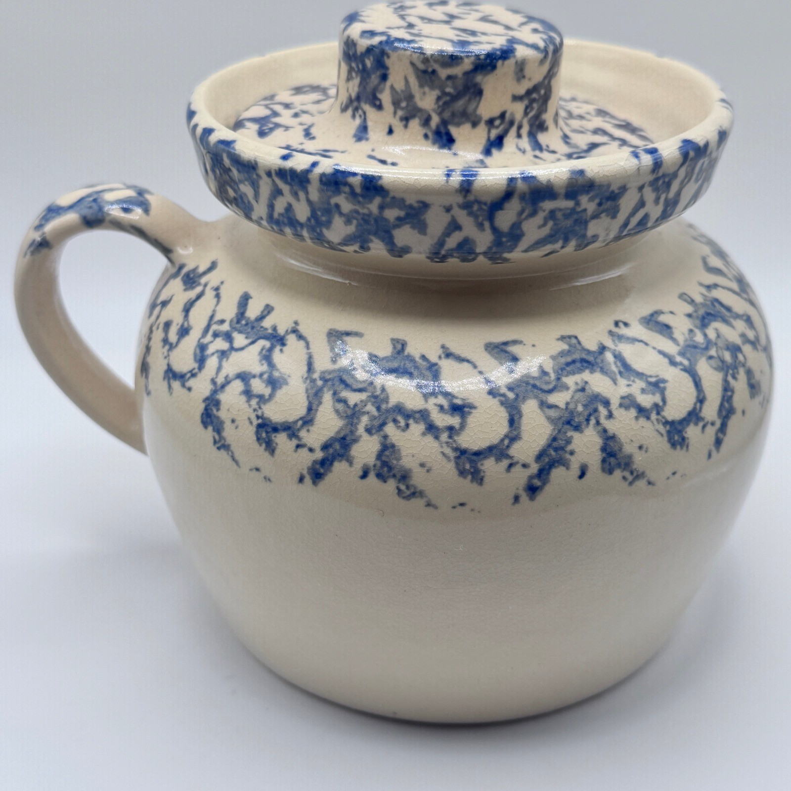 Robinson Ransbottom Spongeware Pottery Bean Crock Cookie Jar Blue Roseville USA