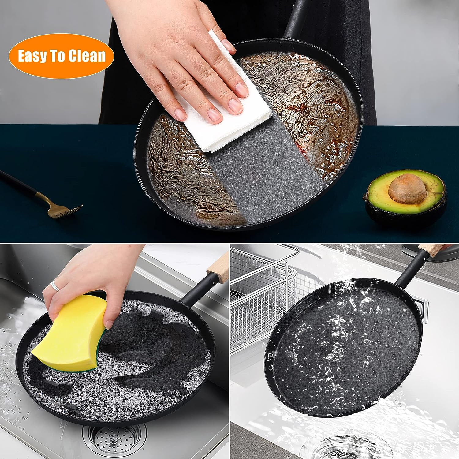 8-Inch Frying Pan Skillet Flat Crepe Pan, Lightweight Grill Pan with Wooden Hand