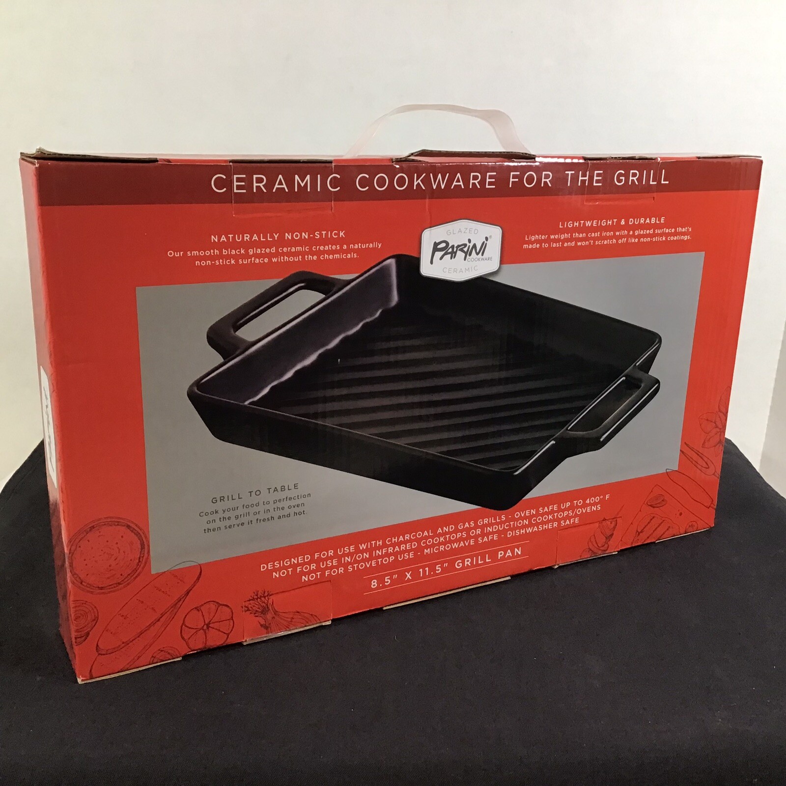 Parini Glazed Black Ceramic Grill Pan Cookware Rectangle 11.5″ x 8.5″ New in Box