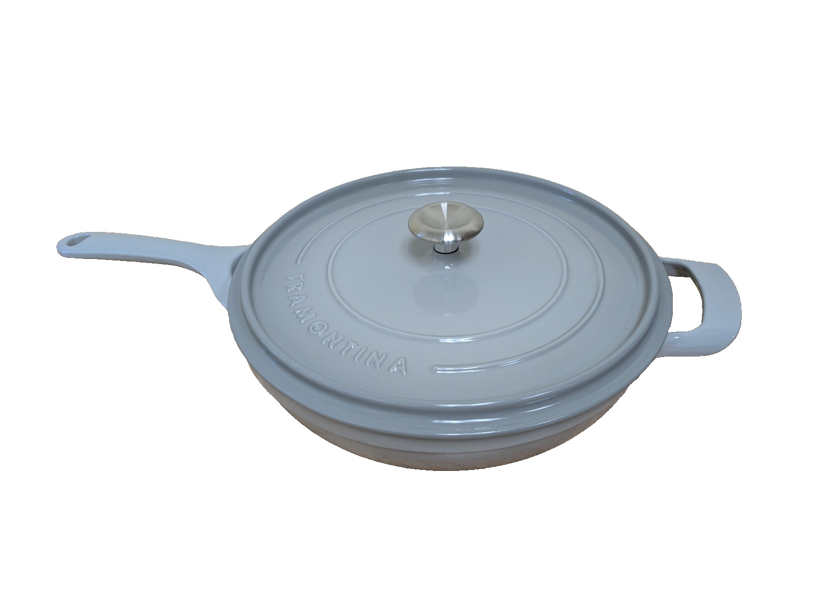 New Tramontina 12″ Skillet Cast Iron Gray W/Stainless Silver Knob Lid