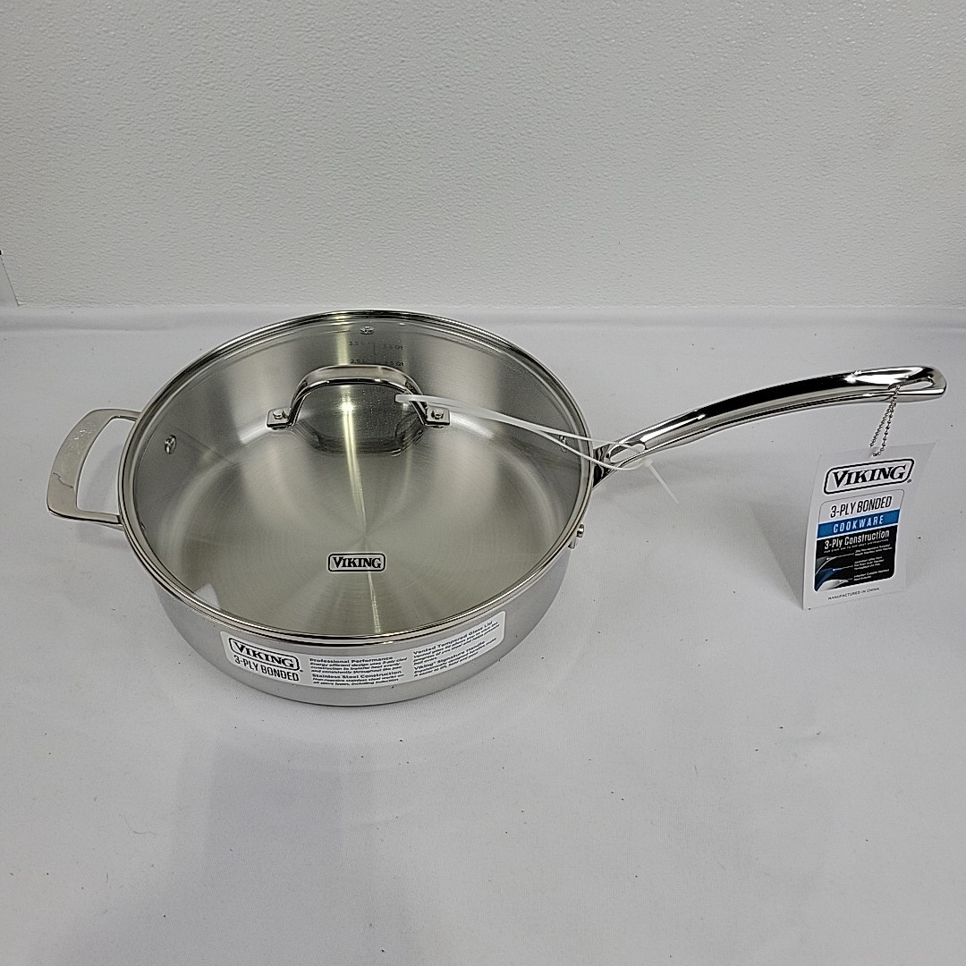 Viking 3-Ply Stainless Steel Saute Pan Mirror Finish With Glass Lid 5.25 Qt NWT