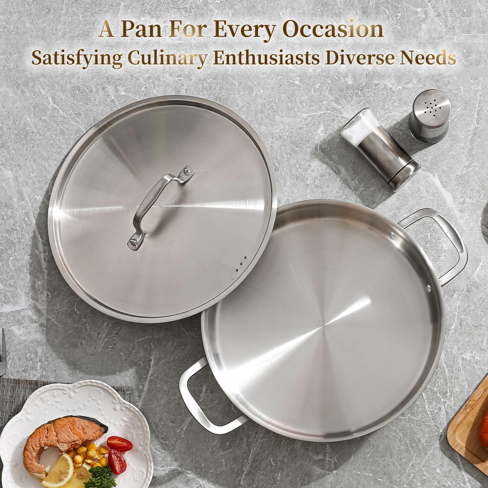 DELARLO Tri-Ply Stainless Steel 8 Quart Braiser Pan with Lid 8 Quarts, Silver