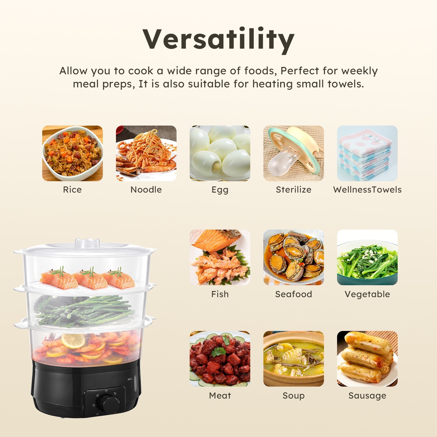 13.7QT Electric Steamer, 3-Tier , 800W, 60-Min Timer, for Veggies & Seafood