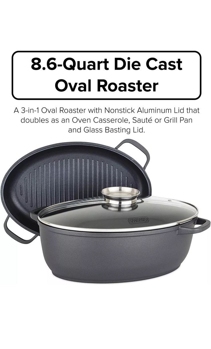 Viking Culinary 3-in-1 8.6 Qt Die Cast Oval Roaster with Glass Lid BRAND NEW BOX