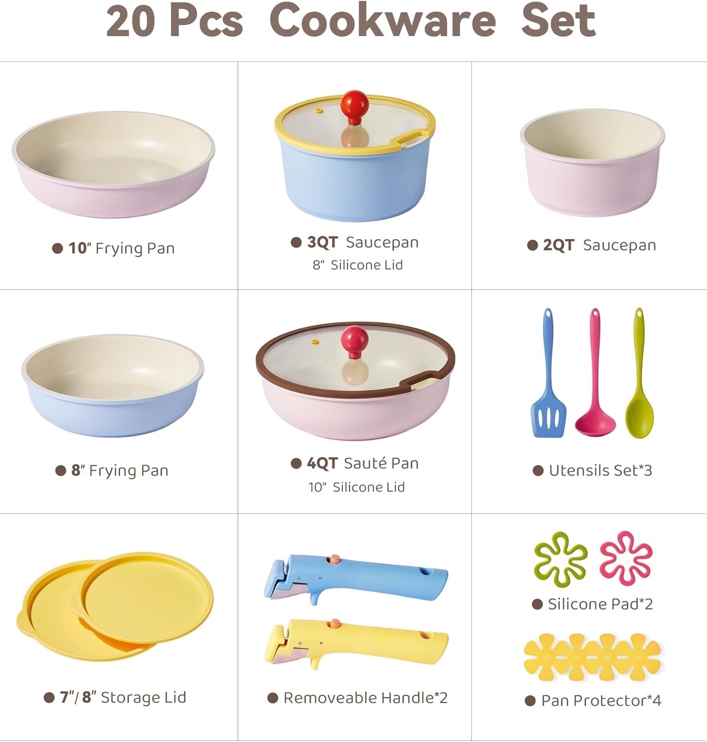 20pc Ceramic Nonstick Cookware Set, Detachable Handles, Limited Edition Colorful