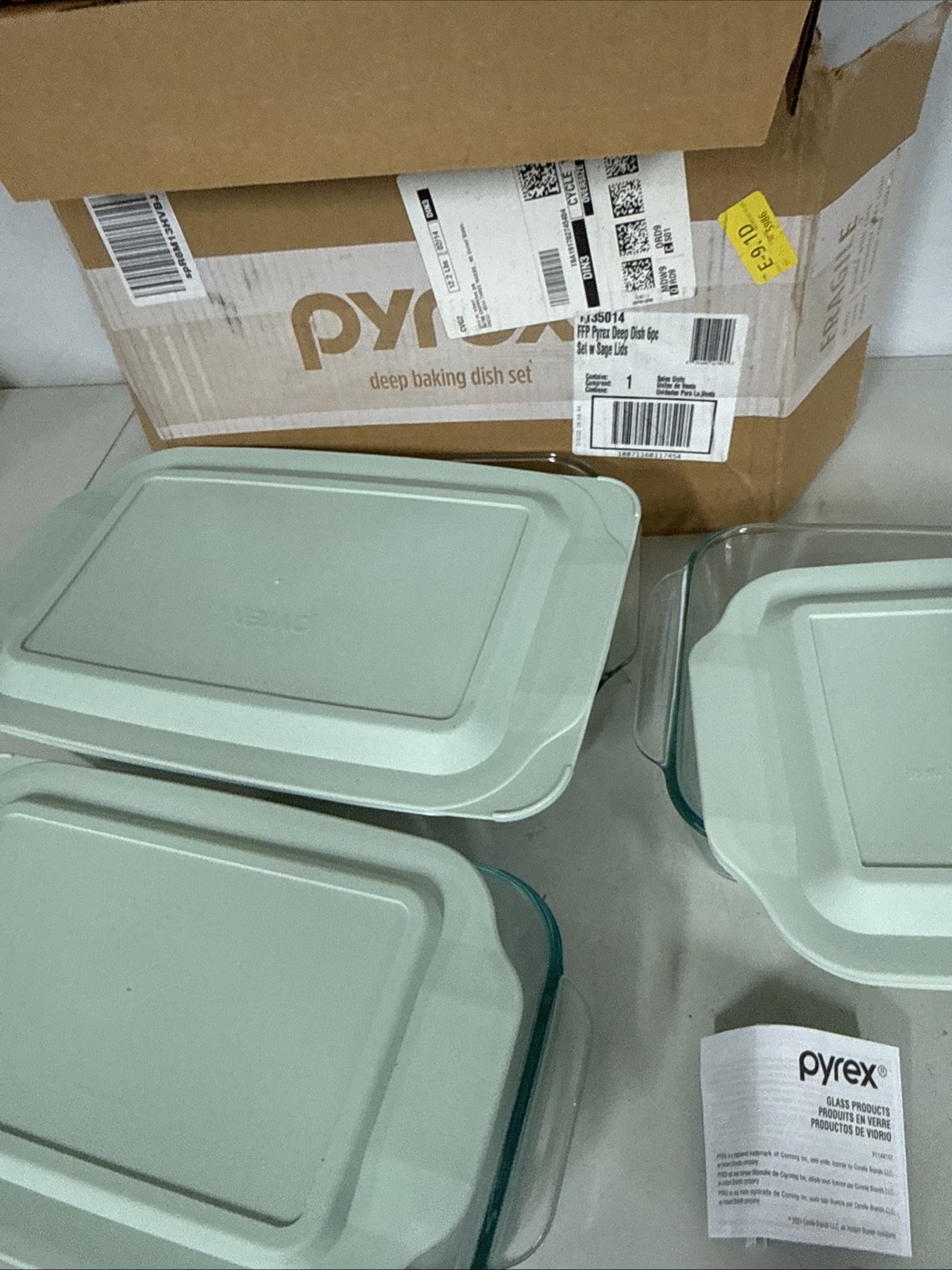 Pyrex Deep 6pc Glass Baking Dish Set (9″X13″, 7″X11″, 8″X8″) Bpa-Free Sage Lids