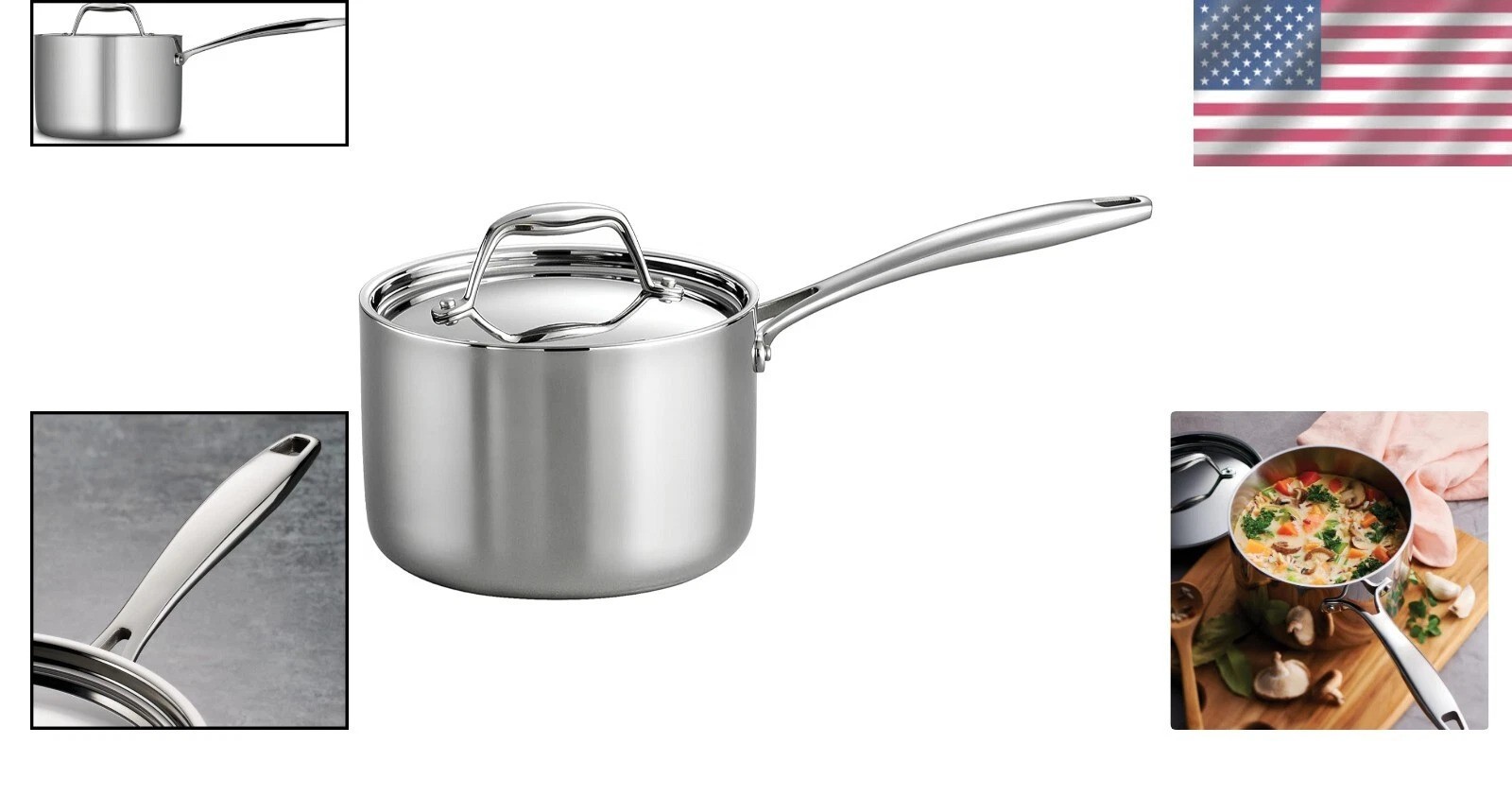 2-Quart Induction-Ready Stainless Steel Saucepan with Lid, Easy Clean