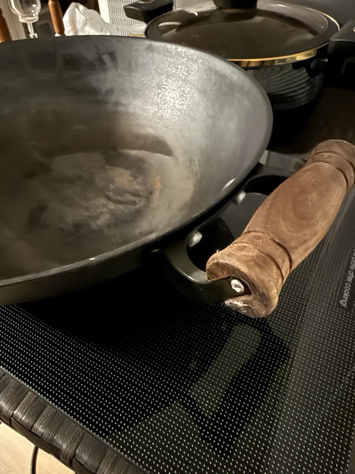Black Non-Stick Induction Compatible Wok Pan, Metal with Long Wooden Handle