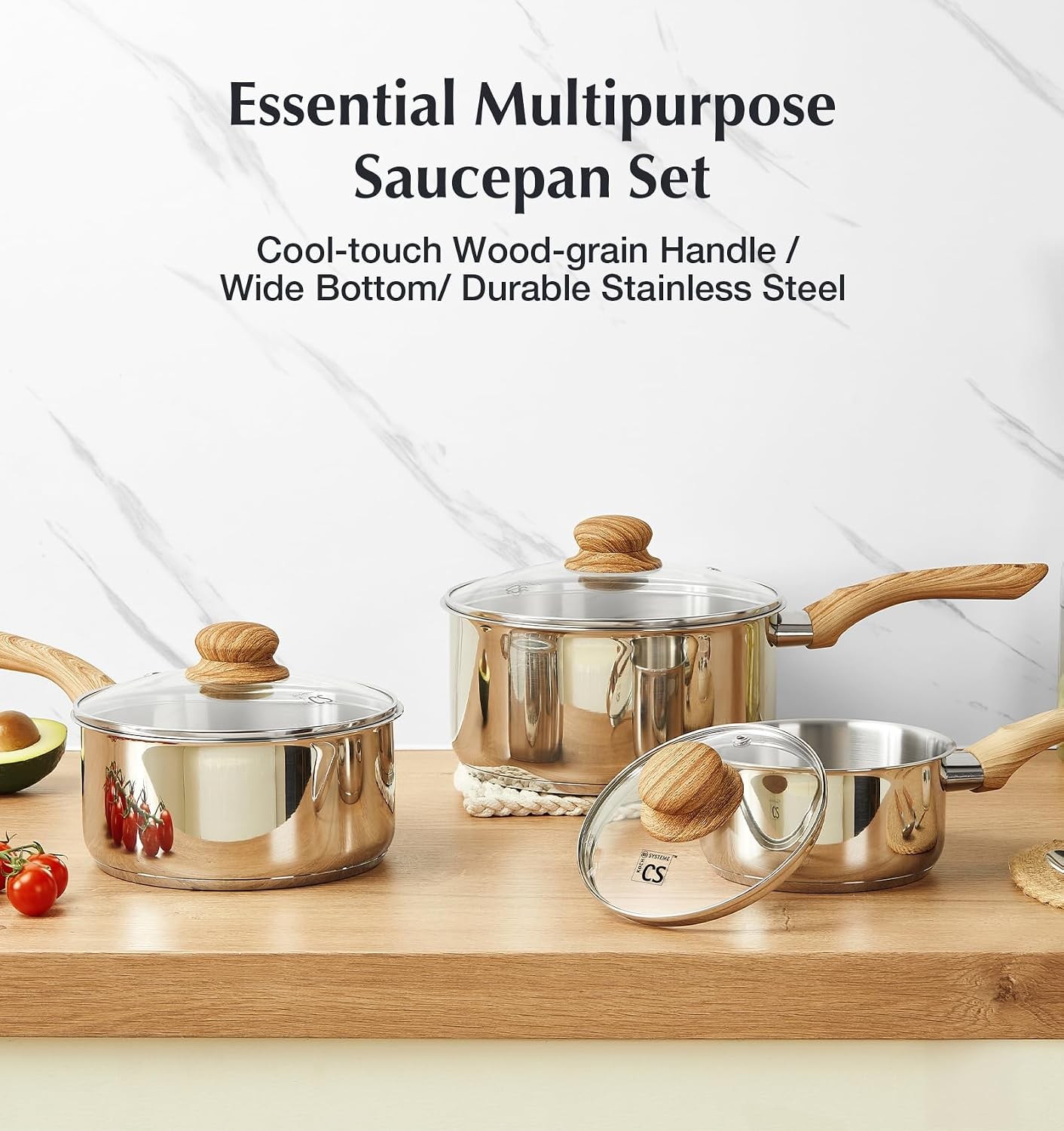 Stainless Steel Pots, 6 Piece Sauce Pan Set with Lids, 1QT, 2QT, 3QT Stainless