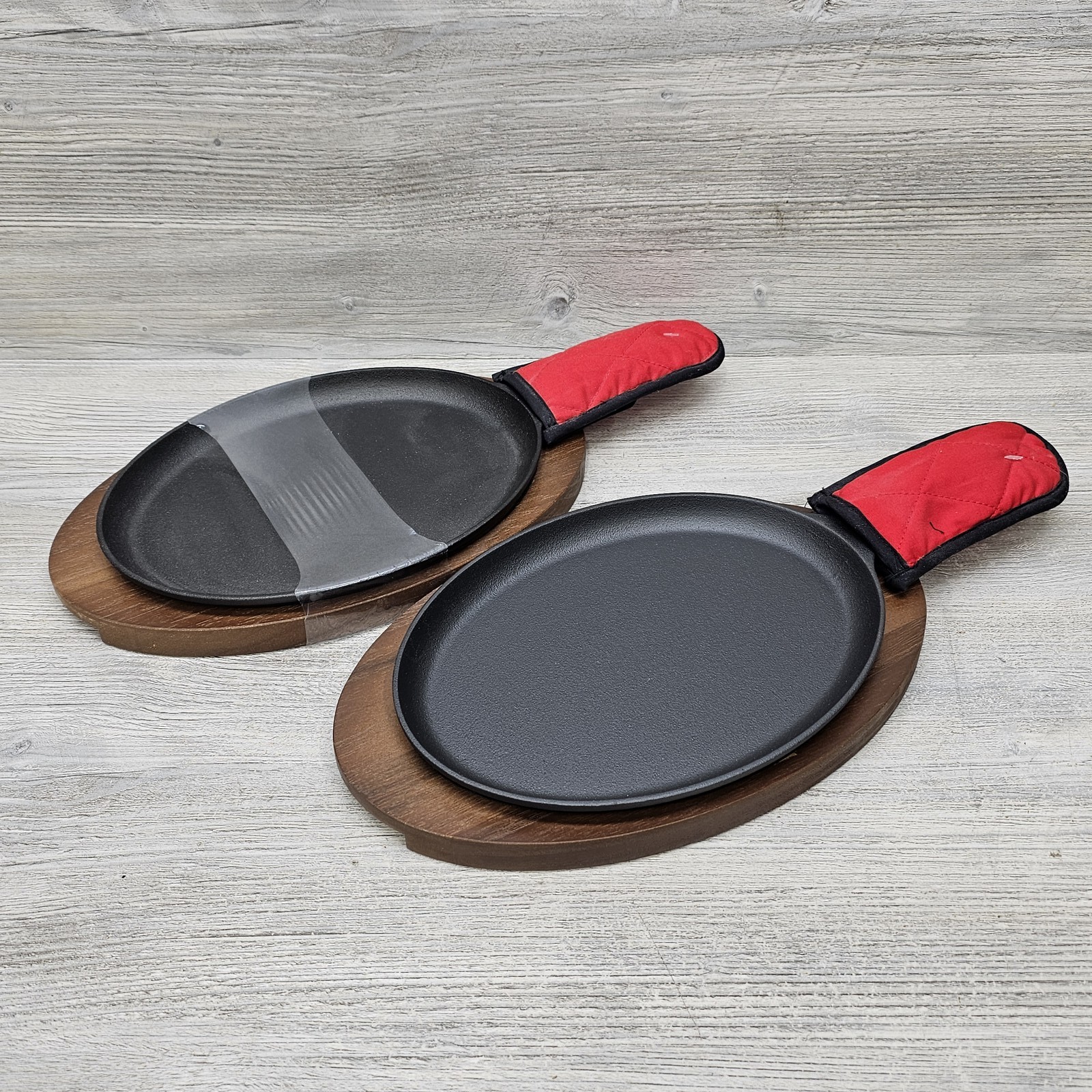 Cast Iron Sizzling Platter Fajita Skillet Wood Base Handle Pot Holder 2-Pack Lot