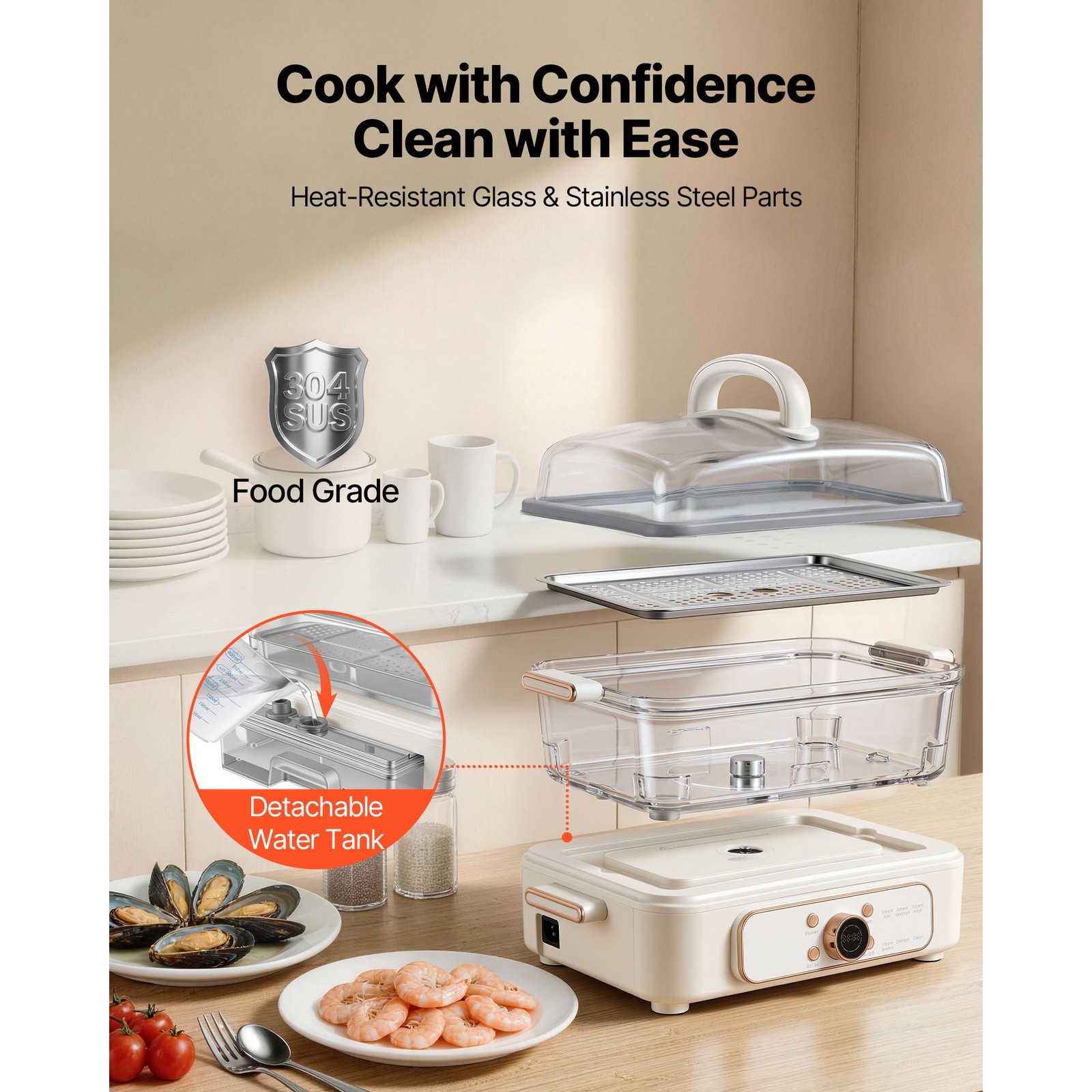 Uimoso Electric Food Steamer 6.3 QT with Glass Bowl and Dual-Layer Trays