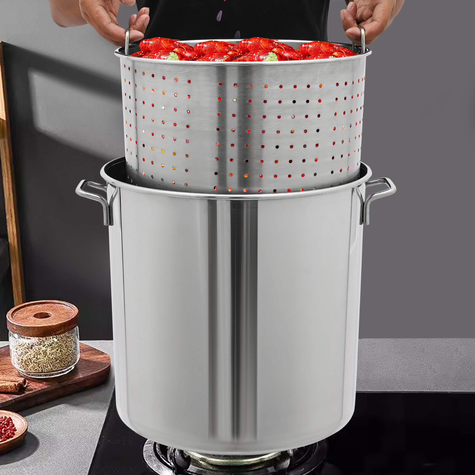 40L/42 27 Qt Stainless Steel 201 Stock Pot with Basket Cookware for Boiling
