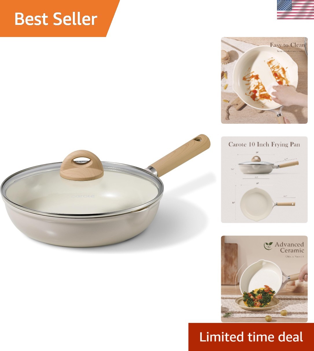 10″ Ceramic Frying Pan with Lid, Non Stick Frying Pan Skillet Chef’s Pan, Hea…