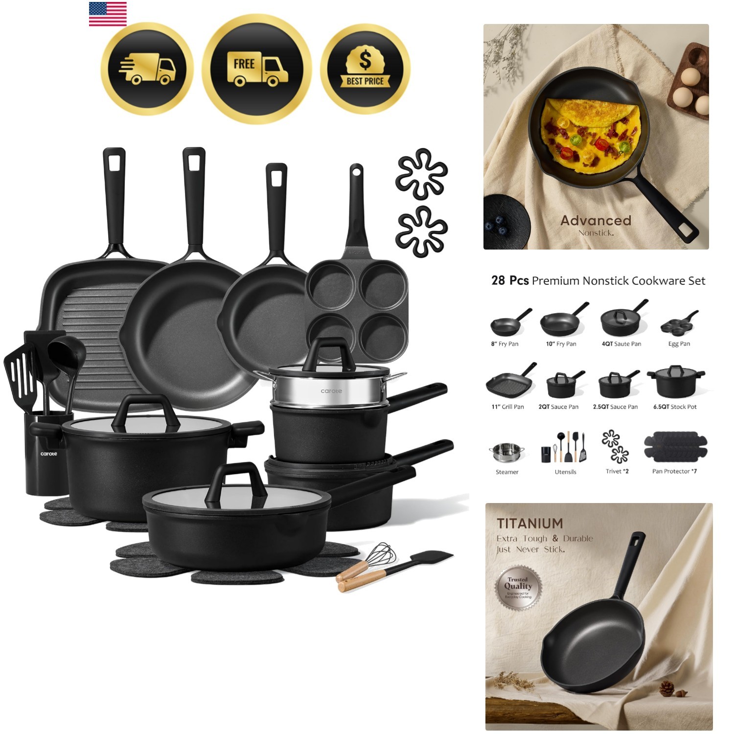 Cookware Set Nonstick Pots and Pans Kitchen Induction Granite 28pcs