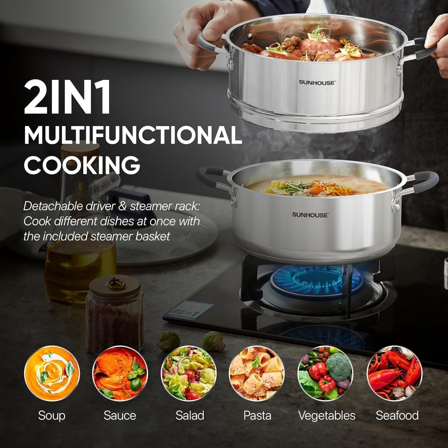 SUNHOUSE Stainless Steel Steamer Pot 5 QT 2 Tier for Vegetables