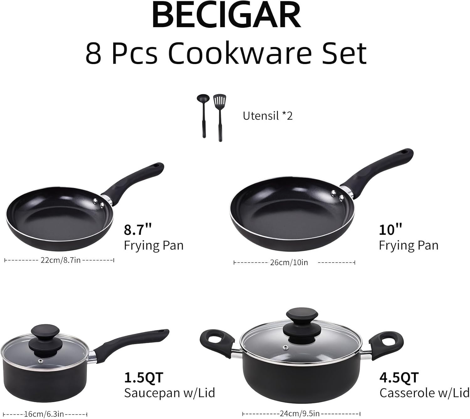 BECIGAR 8 Pcs Ceramic Pots and Pans Set, Cooking Pan Set, Nonstick