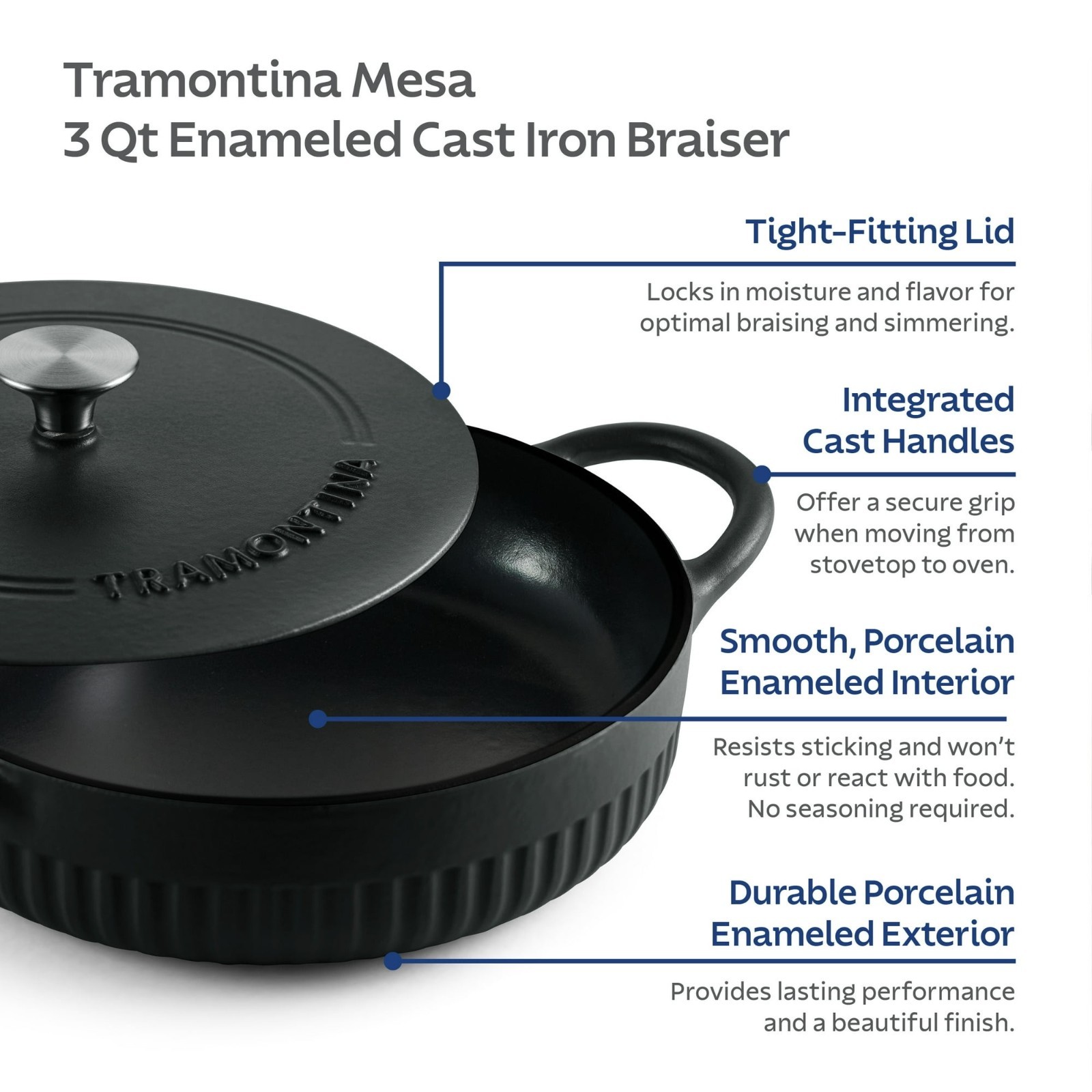 Tramontina Mesa 3.5 Qt Enameled Cast Iron Braiser Black FREESHIP