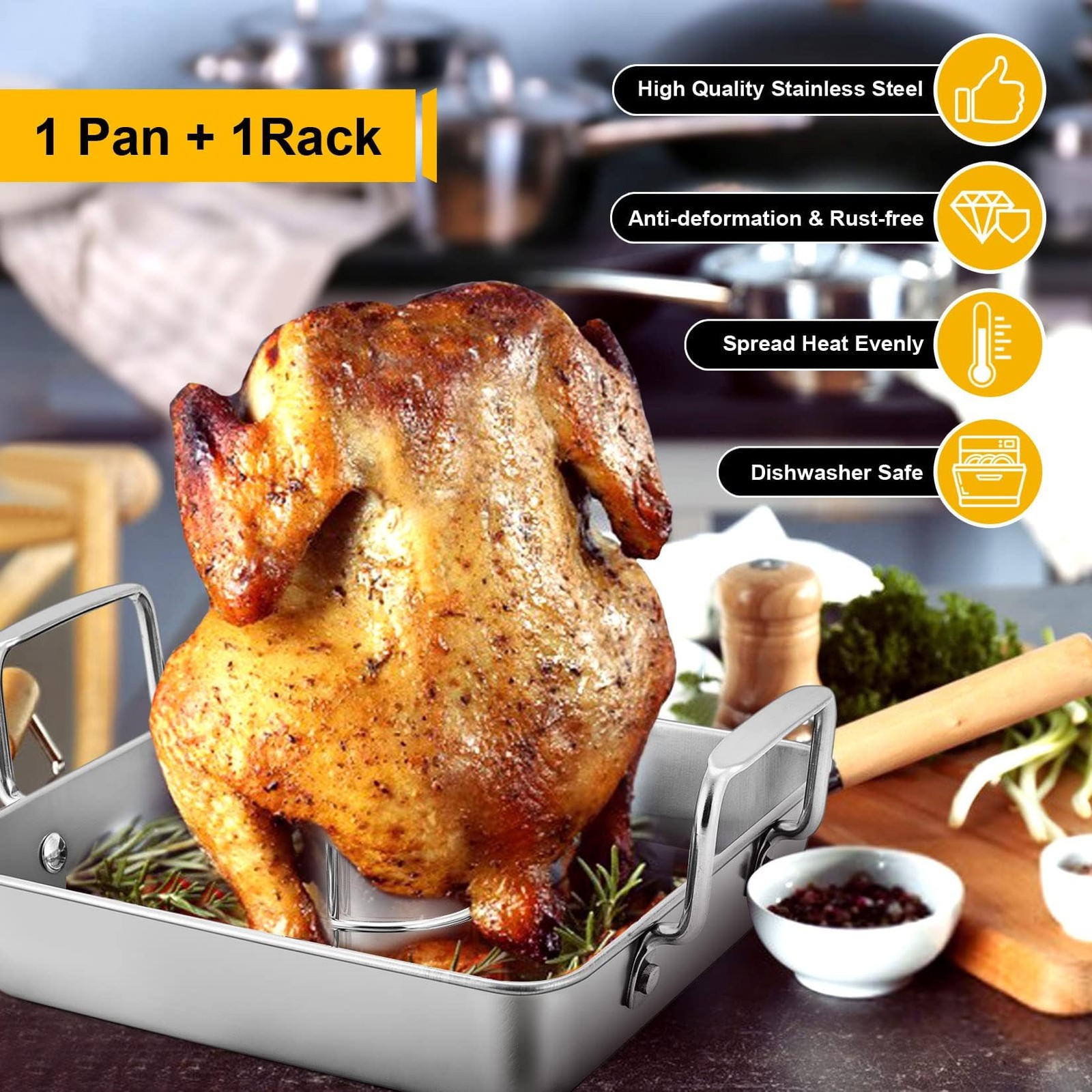 P&P CHEF Beer Can Chicken Holder with Roasting Pan Set, 9-inch Stainless Stee…