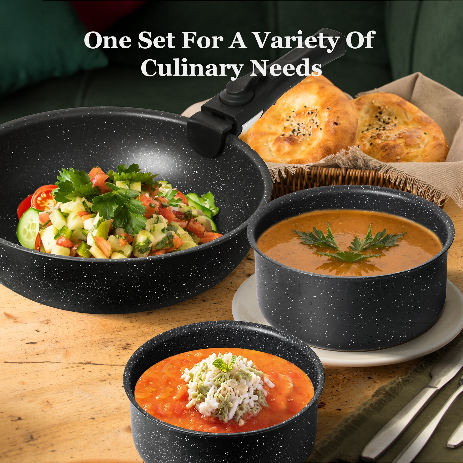 12pcs Non-Stick Cookware Set with Spatula & Detachable Handle, Pots and Pans Set
