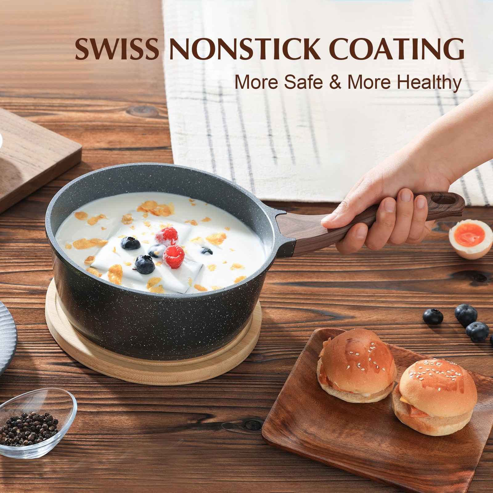 SENSARTE Nonstick Saucepan with Lid 1.5 Quarts Small Pot with Swiss Granite