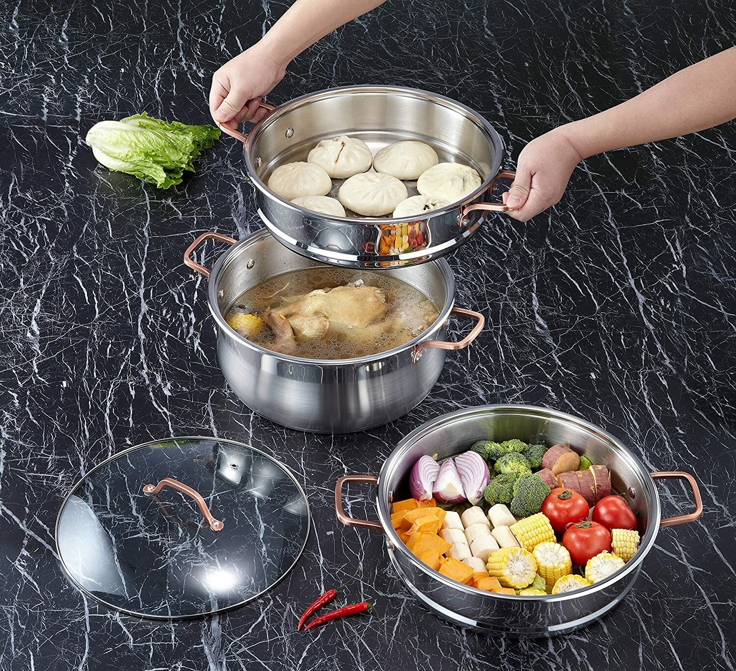 CONCORD Premium Stainless Steel Tier Steamer w/Rose Gold Handles 22cm