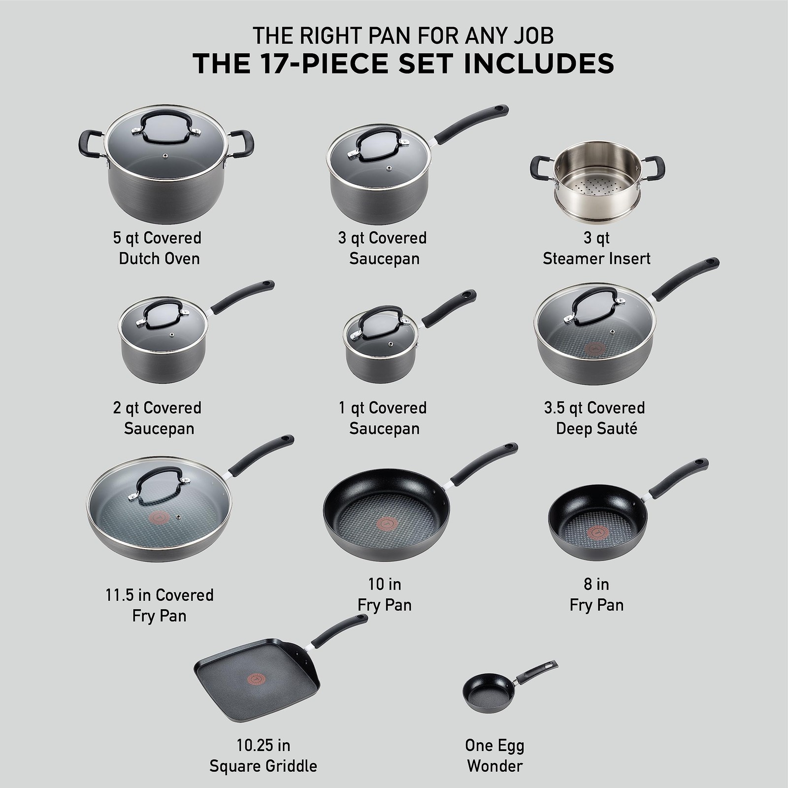T-fal Ultimate Hard Anodized Nonstick Cookware Set 17 Piece, Pots , Safe Black