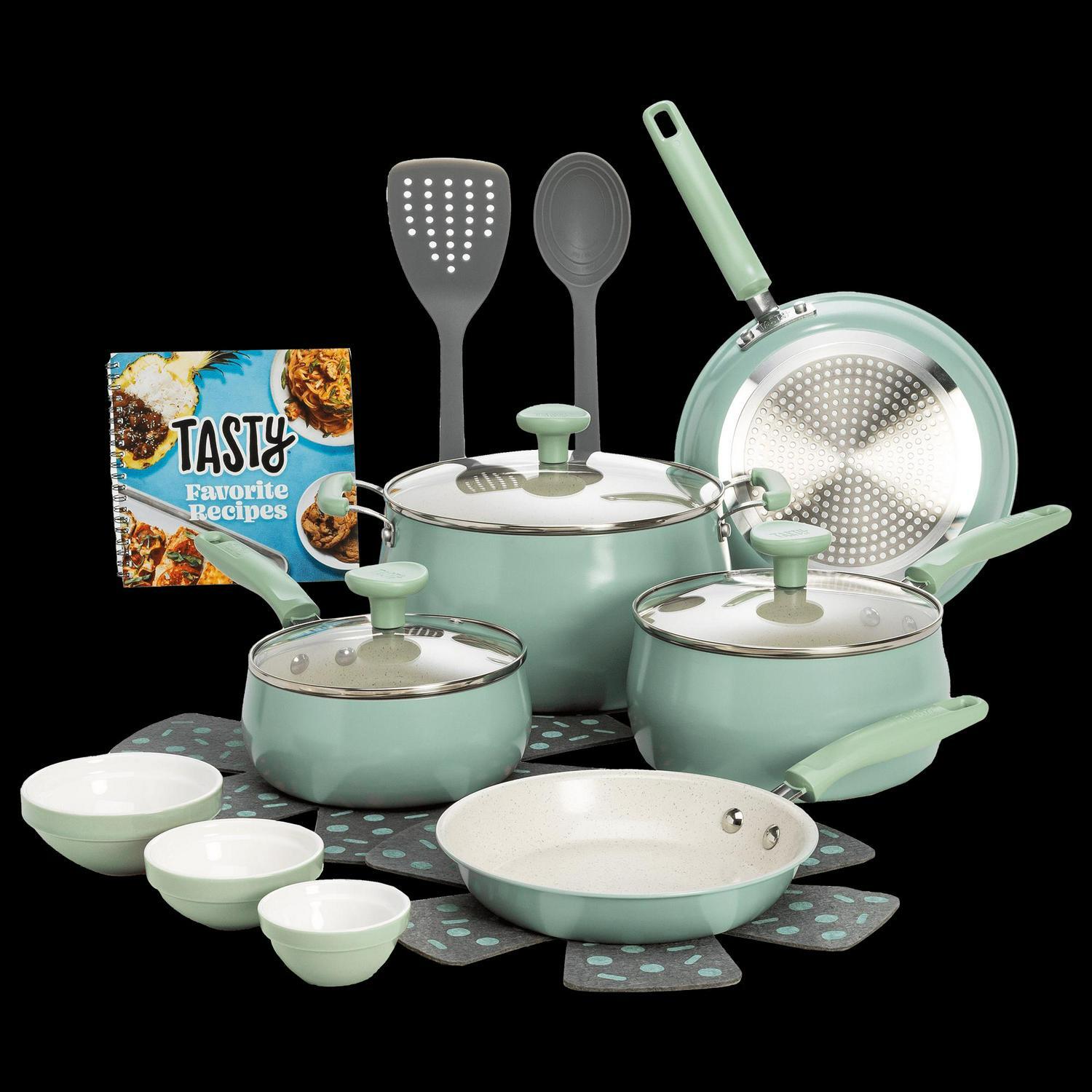 Tasty Clean Ceramic 16PCS Non-Stick Alum Cookware Set Sage Green Induction Ready