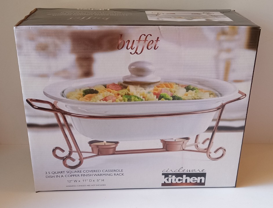 Circleware Kitchen Buffet 2.5 Quart Covered Casserole Dish w/ Warming Rack NIB