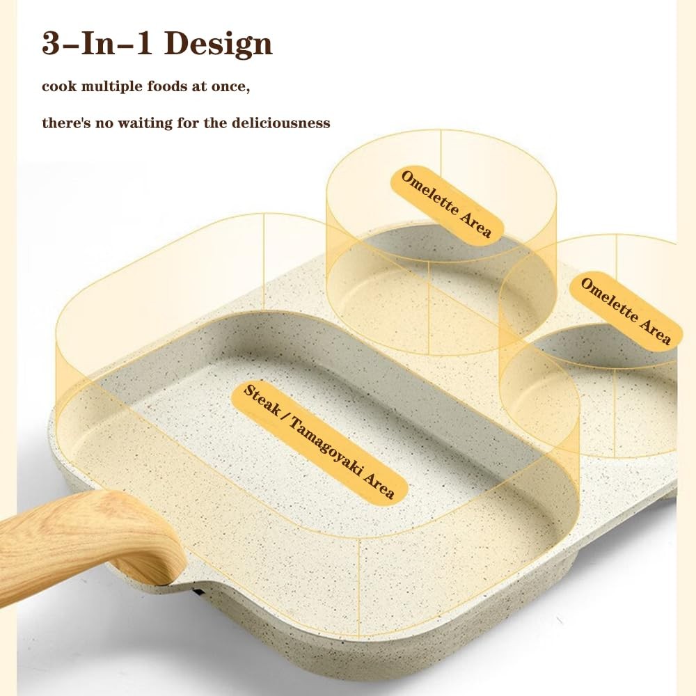 1 PC 3 Section Nonstick Aluminum Egg Frying Pan Breakfast Divided Skillet