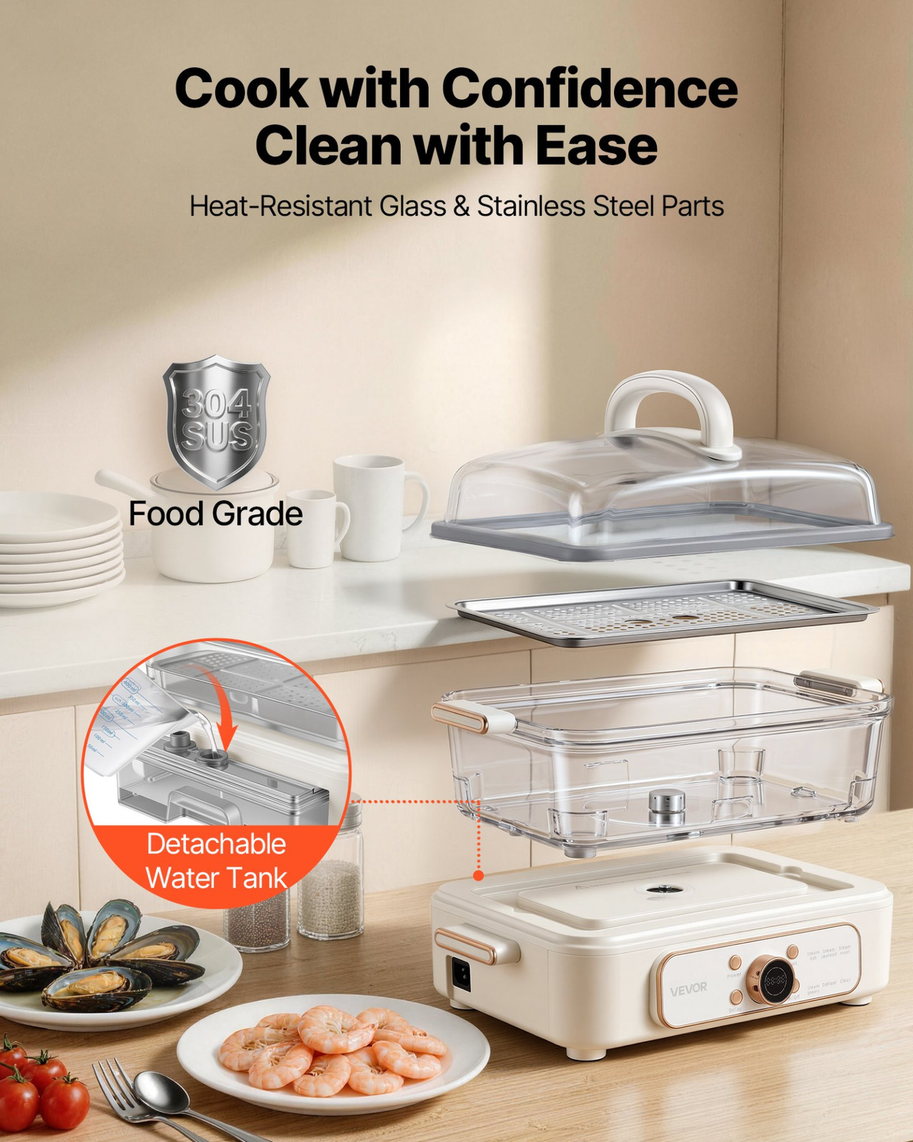 6.3QT Electric Food Steamer 2 Tier Stainless Trays 1200W White Cooker