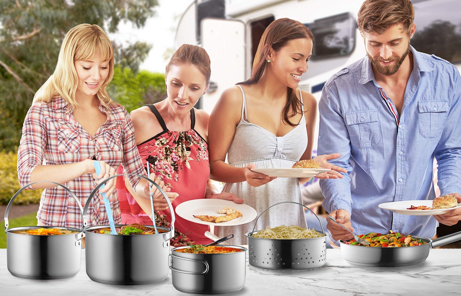 Camping Cookware Set 304 Stainless Steel 8-Piece Pots & Pans Open Fire Cookin…