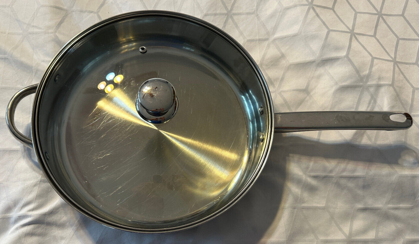 ECOLUTION 11″ SILVER FRYING PAN W/ GLASS LID COVER GRILLING PAN STAINLESS STEEL