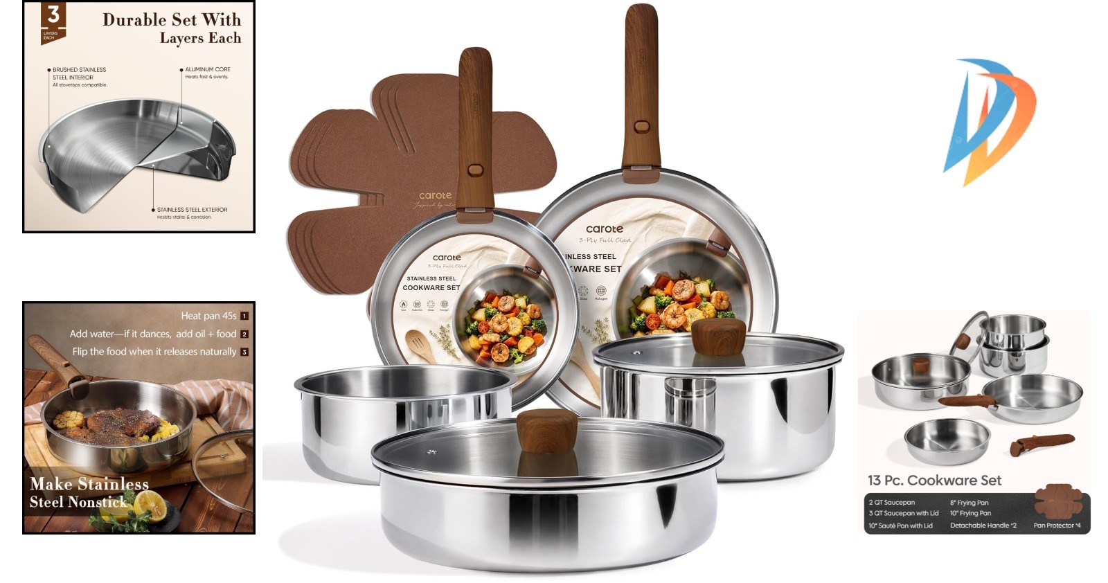 Versatile 13-Pc Tri-Ply Cookware Set with Detachable Handle – RV & Camping Ready
