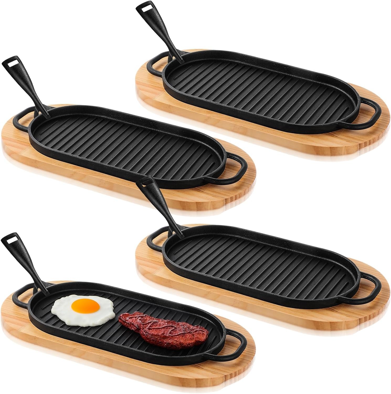 Yiyiring 4 Pcs Cast Iron Fajita Skillet Pan Set Sizzling Steak Plate(12×6.3Inch)