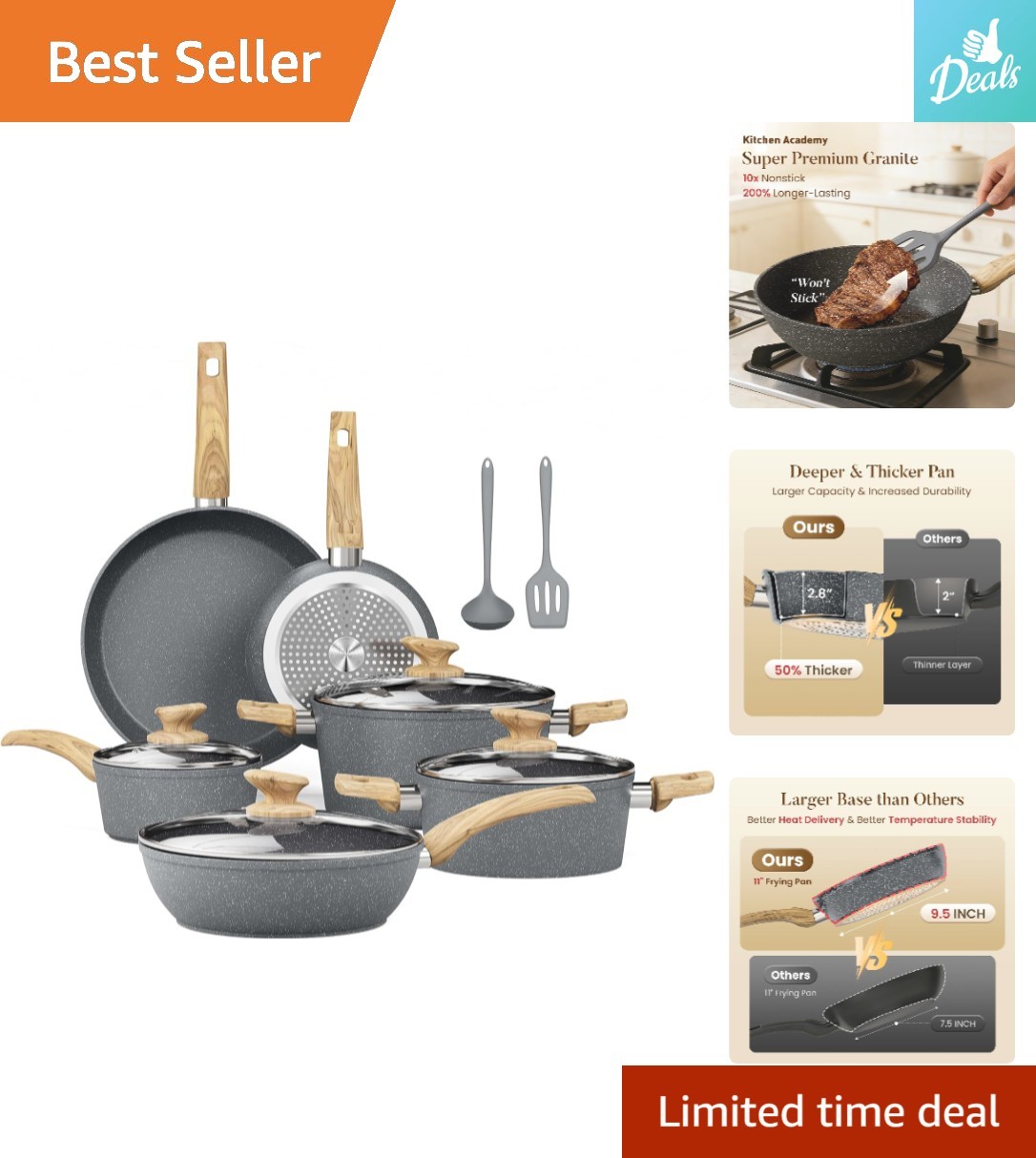 Essentials Gray Granite Cookware Set – 12 Pieces Ideal for Induction Cooking