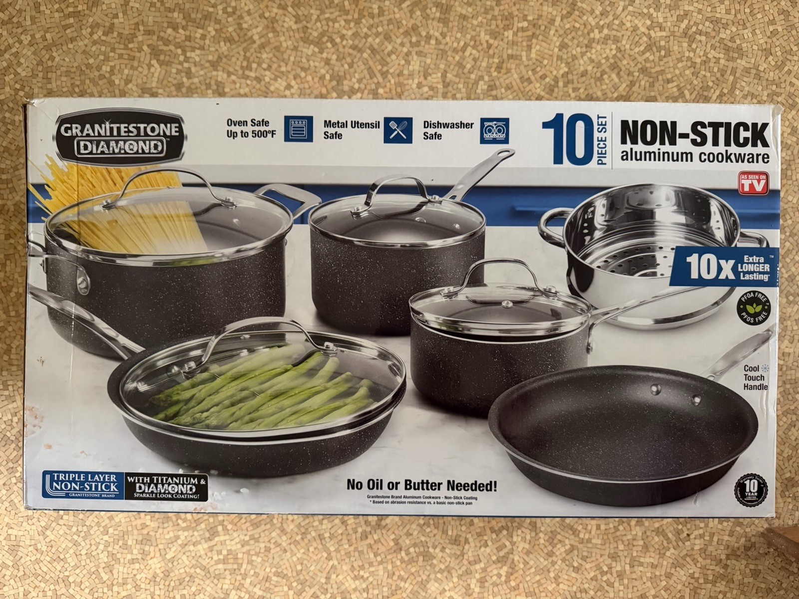 NIB GraniteStone Diamond 10pc Nonstick Cookware Set Lids & Steamer Insert