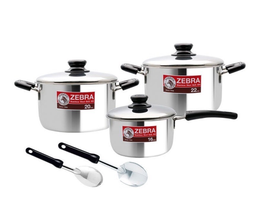 Thai Zebra Brand Kitchenware Set 3 Sauce Pots Set with 2 Ladles Stainless Steel