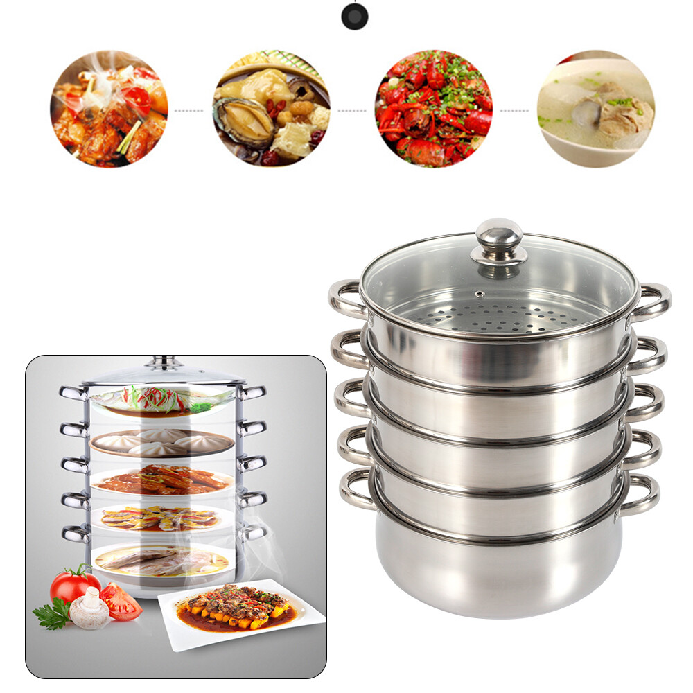 5 Tier Stainless Steel Steamer Cooker Steam Pot Kitchen Food Cooking + Glass lid