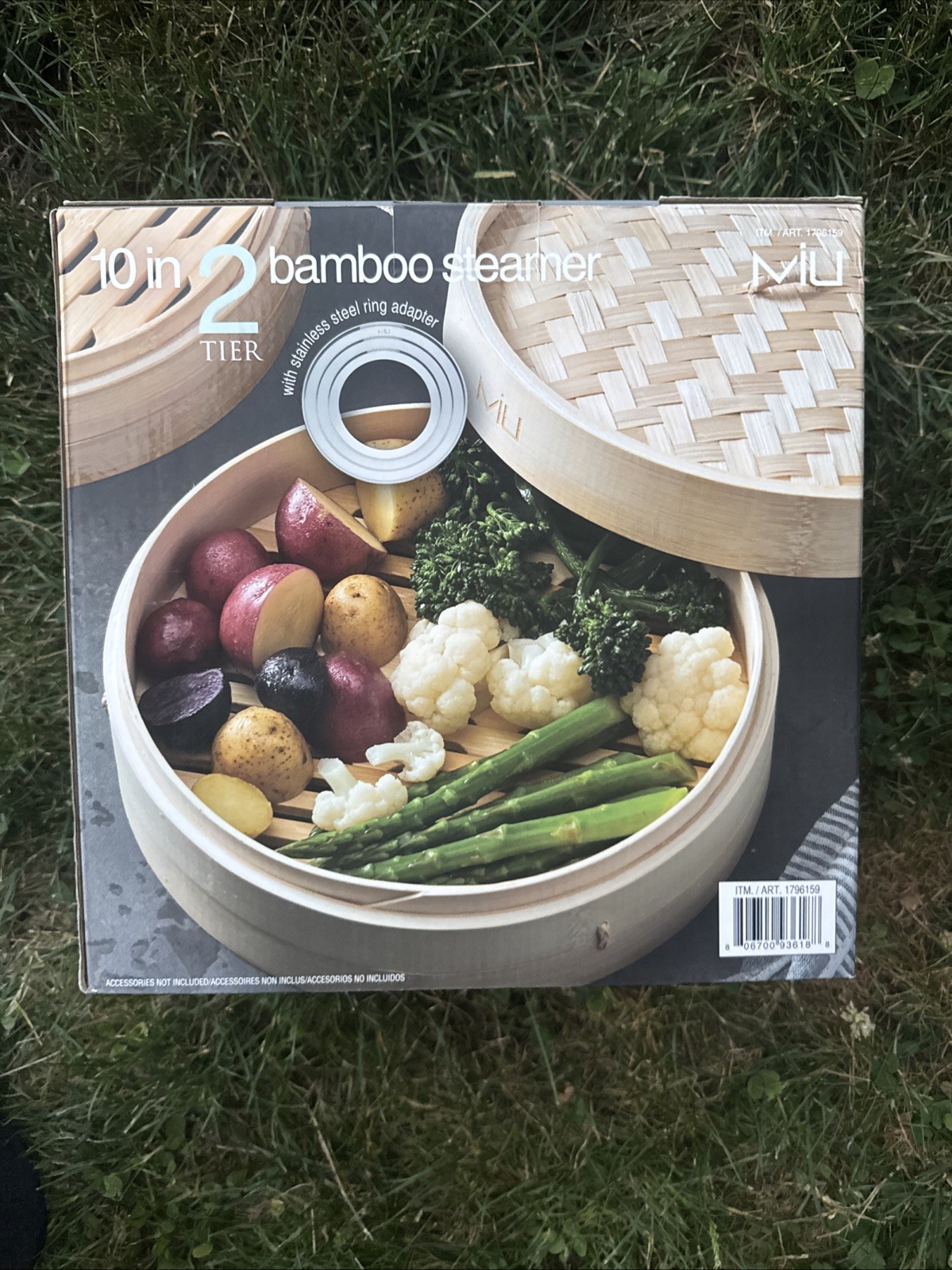 NEW MIU 10″ 2-Tier Bamboo Steamer Basket 10″ With Stainless Steel Ring Adapter