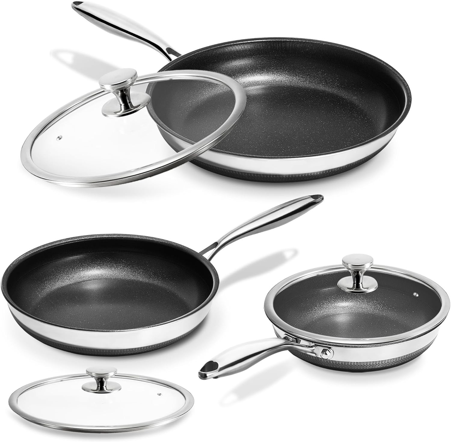 Nonstick Frying Pans with Lids, 8″, 10″, 12″ Titanium Ceramic Tri-Ply Stainless