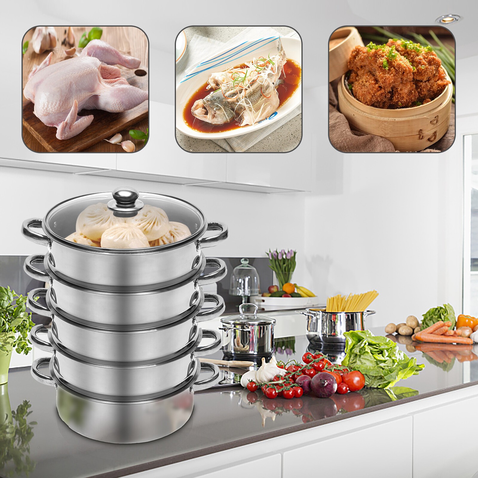 5-Tier Dumpling Steamer Stainless Steel Steamer Pot With Lid Steaming Basket