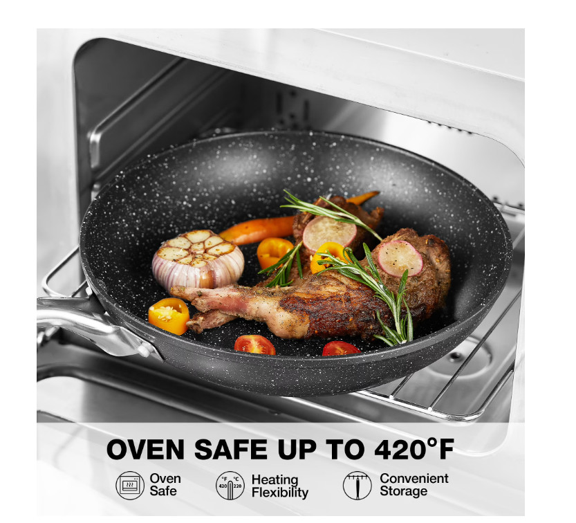 8in Nonstick Frying Pan with Lid Black Marble Stone Coating Oven Safe